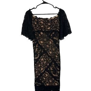 Nicole Miller Women’s Black Beige Lace Overlay Short Sleeve Bodycon Dress Sz Sm